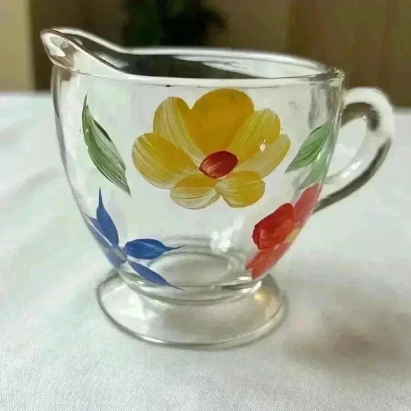 Bartlett Sugar & Creamer Set Hand Painted 1950's Clear Glass W/ Painted Flowers - Picture 2 of 10